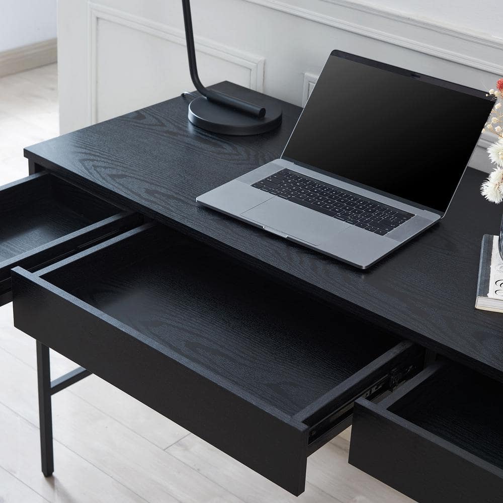 Evans 47'' Mid-Century Black Steel Base Writing Desk with Drawers
