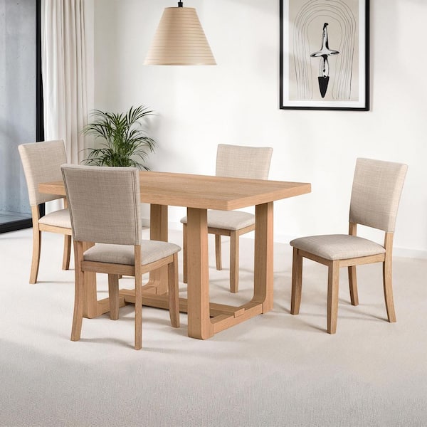 Joshua Traditional 5-Piece Rectangular Natural Finish Wood Top Dining Set Seats 4 with Upholstered Side Chairs