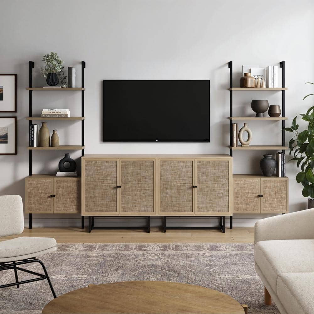 Kova Light Oak TV Stand Entertainment Center, Fits TVs Up to 65 in. with Storage Cabinet, Metal Frame, and Cane Doors