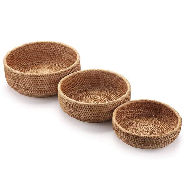 3 Piece Brown Round Rattan Fruit Baskets, Stackable for Easy Storage, Natural Color and Rustic Design, Large Storage