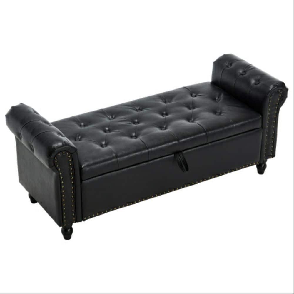55.12 in. Black PU Leather Upholstered Fabric Storage Ottoman Bedroom Bench with Storage