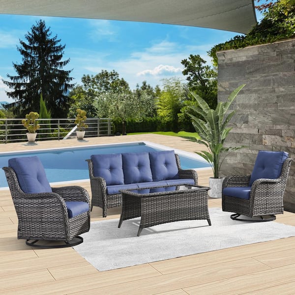 Gymojoy Carolina Gray 4-Piece Wicker Patio Conversation Set with Blue Cushions