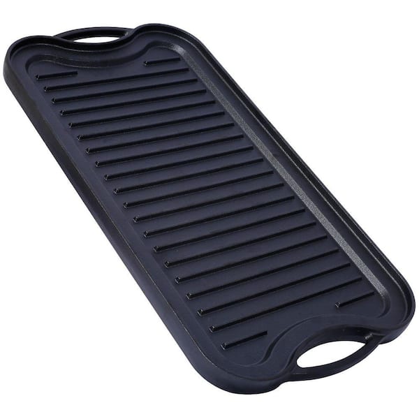 Black 20 in. W x 10 in. D Pre-Seasoned Cast Iron Reversible Rectangular Grill Griddle