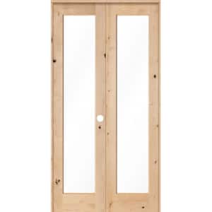 48 in. x 96 in. Rustic Knotty Alder 1-Lite Clear Glass Left Handed Solid Core Wood Double Prehung Interior Door