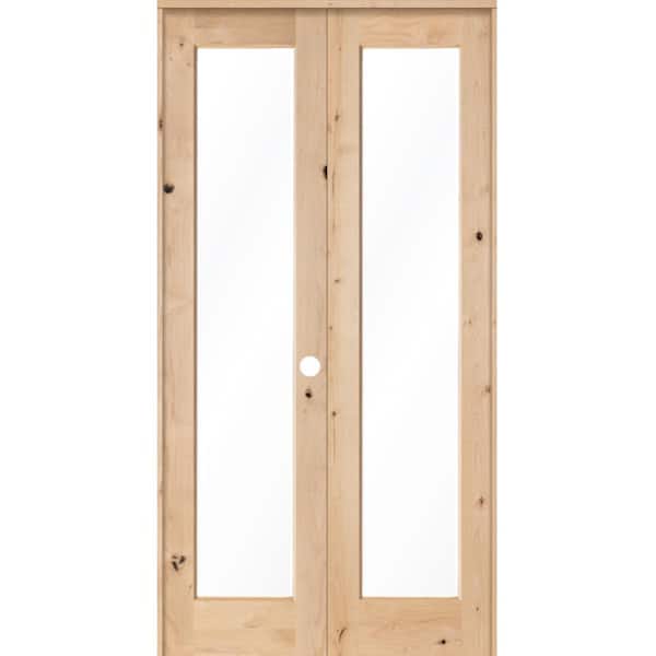 Krosswood Doors 48 in. x 96 in. Rustic Knotty Alder 1-Lite Clear Glass Left Handed Solid Core Wood Double Prehung Interior Door