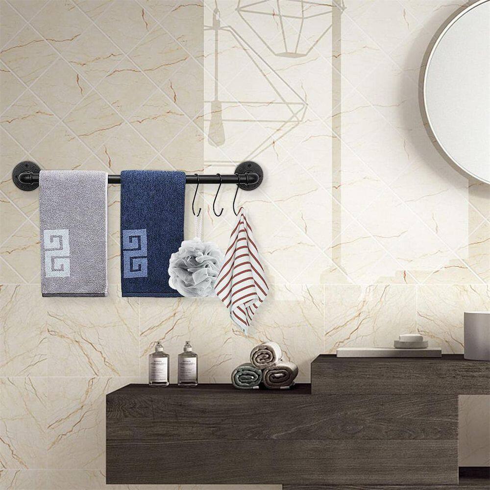 Black Iron Industrial Wall-Mounted Towel Bar, 24 Inch
