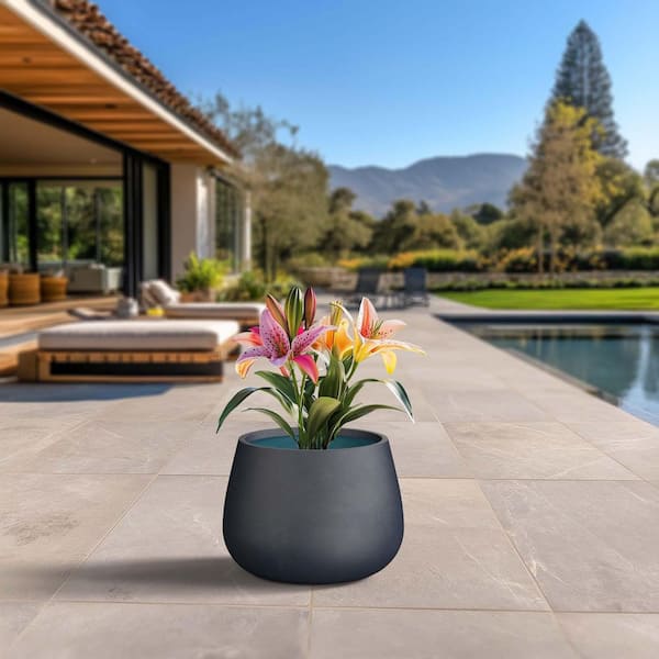 Sapcrete 18.5 in. Large Granite Gray (Enhanced Interior) Concrete Round Planter / Pot with Drainage Holes