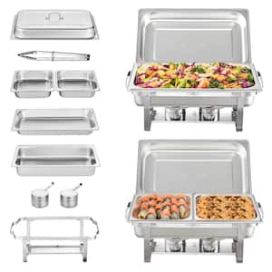 Chafing Dish Set 8 qt. Silver Stainless Steel Chafing Dishes with 4 Half-Size 4 qt. Pans 2 Pack