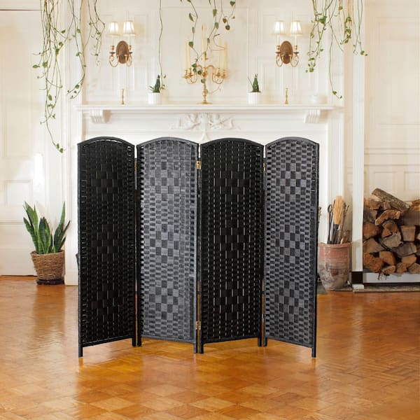 Oriental Furniture 4 ft. Short Diamond Weave Fiber Folding Screen - Black - 4 Panel