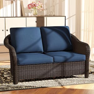 Brown Wicker Outdoor Patio Loveseat Sofa Couch with Blue Cushions