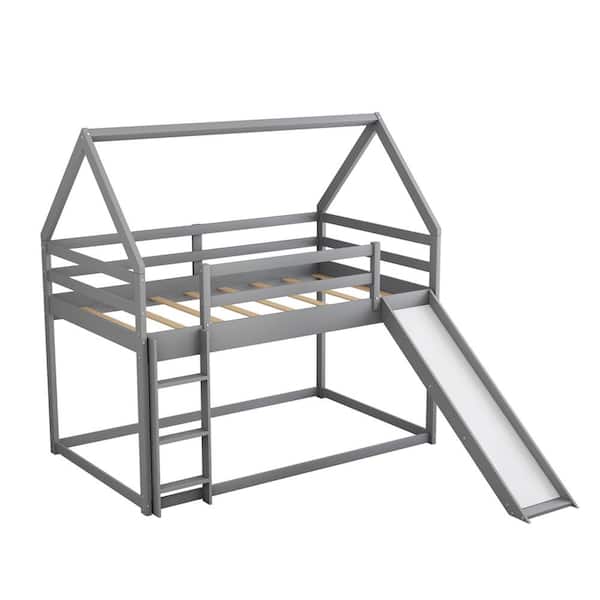 Z-joyee Gray Twin Wood Bunk Bed with Convertible Slide and Ladder