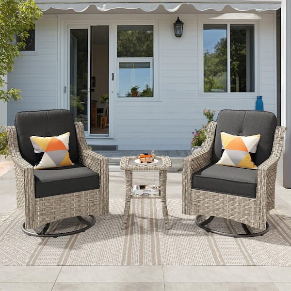 Lumina 3-Piece Wicker Outdoor Rocking Chair Set with Black Cushions