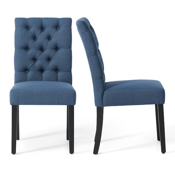NINA Button Tufted Back Teal Linen Upholstered Dining Side Chair (Set of 2)