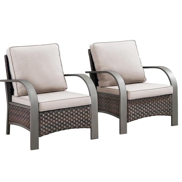 Iron Bend Series 2-Pack Brown Wicker Outdoor Patio Lounge Chair with CushionGuard Beige Cushions
