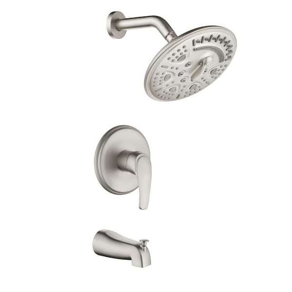 FORCLOVER Single Handle 6-Spray Tub and Shower Faucet 1.8 GPM with 8-in. Top Spray Shower head in Brushed Nickel Valve Included
