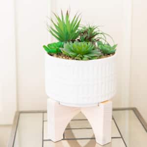 7 in. White Ceramic Roman with Wood Stand Mid-Century Planter