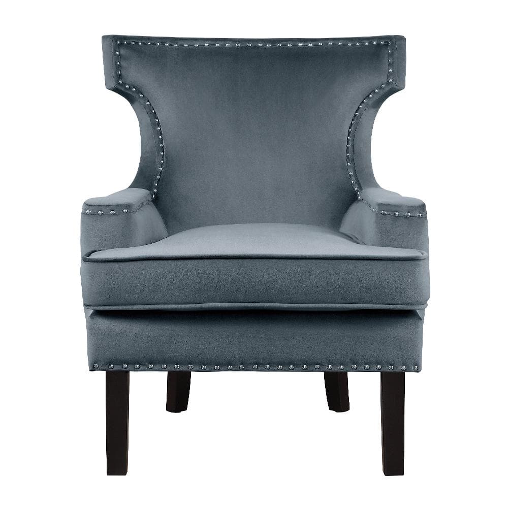 Gray Velvet Accent Chair with Studded Rivets and Saber Legs