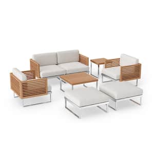 Monterey 6-Seater 7-Piece Stainless Steel Teak Outdoor Patio Conversation Set With Canvas Natural Cushions