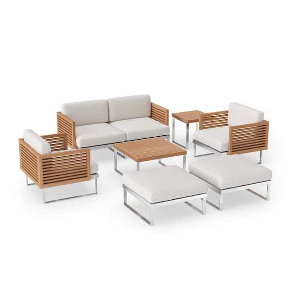 NewAge Products Monterey 6-Seater 7-Piece Stainless Steel Teak Outdoor Patio Conversation Set With Canvas Natural Cushions