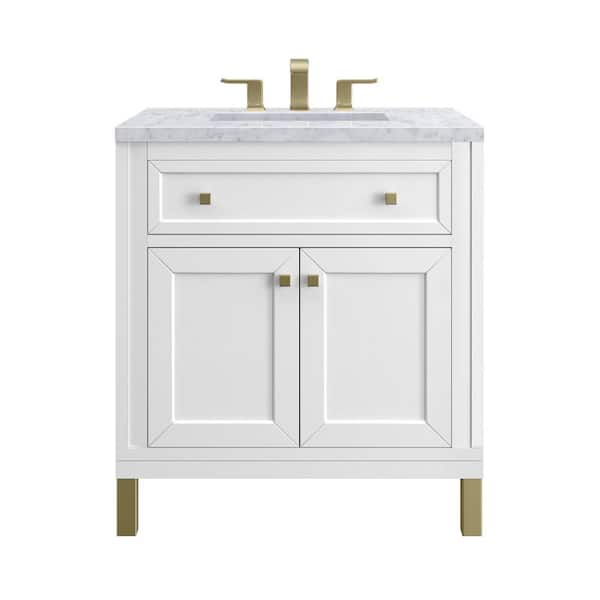 James Martin Vanities Chicago 30.0 in. W x 23.5 in. D x 34 in. H Bathroom Vanity in Glossy White with Carrara Marble Marble Top