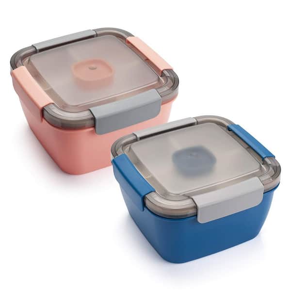 2 Pack 52 fl. oz. Bowls with 3 Compartments for Toppings, Snacks Salad Lunch Containers To Go (Blue+Pink)
