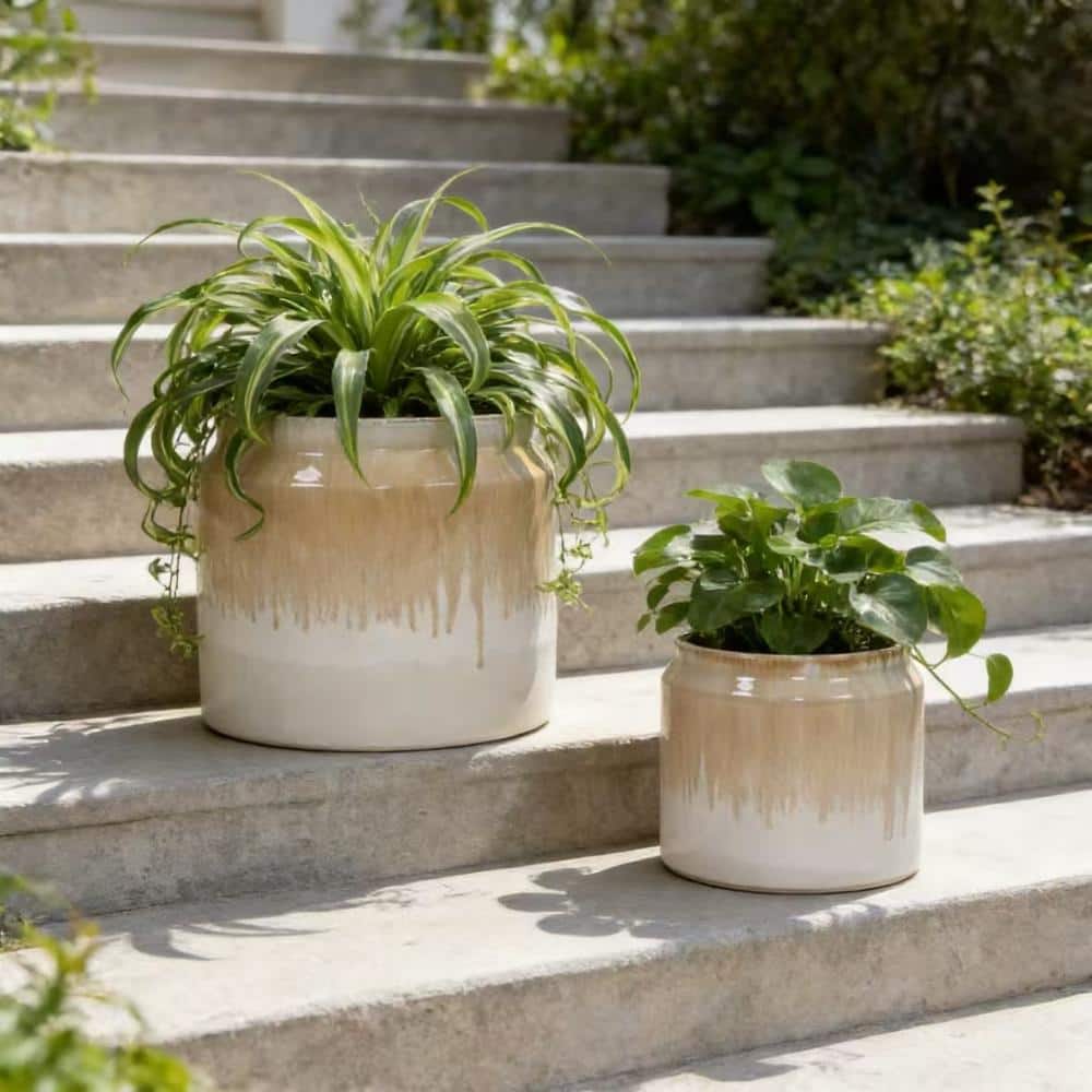 2Pcs Handmade Beige Drip Glaze Non-Porous Ceramic Planter｜Set price history on PriceWatchPro