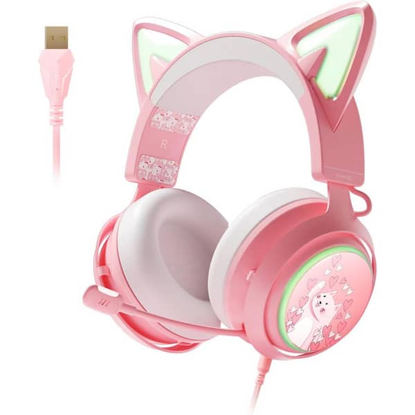 Pink Wired RGB Lighting, & Retractable Mic Over The Head Headphones