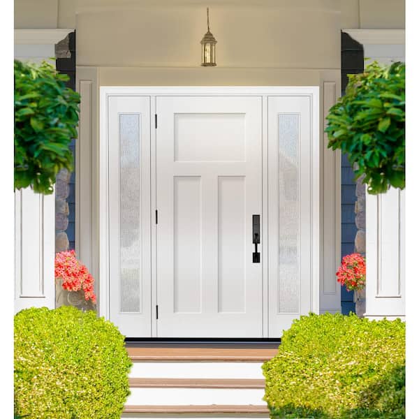 Legacy 68 in. x 80 in. 3 Panel Craftsman RHIS Unfinished White Fiberglass Prehung Front Door Rain 14 in. SL 4-9/16 Jamb