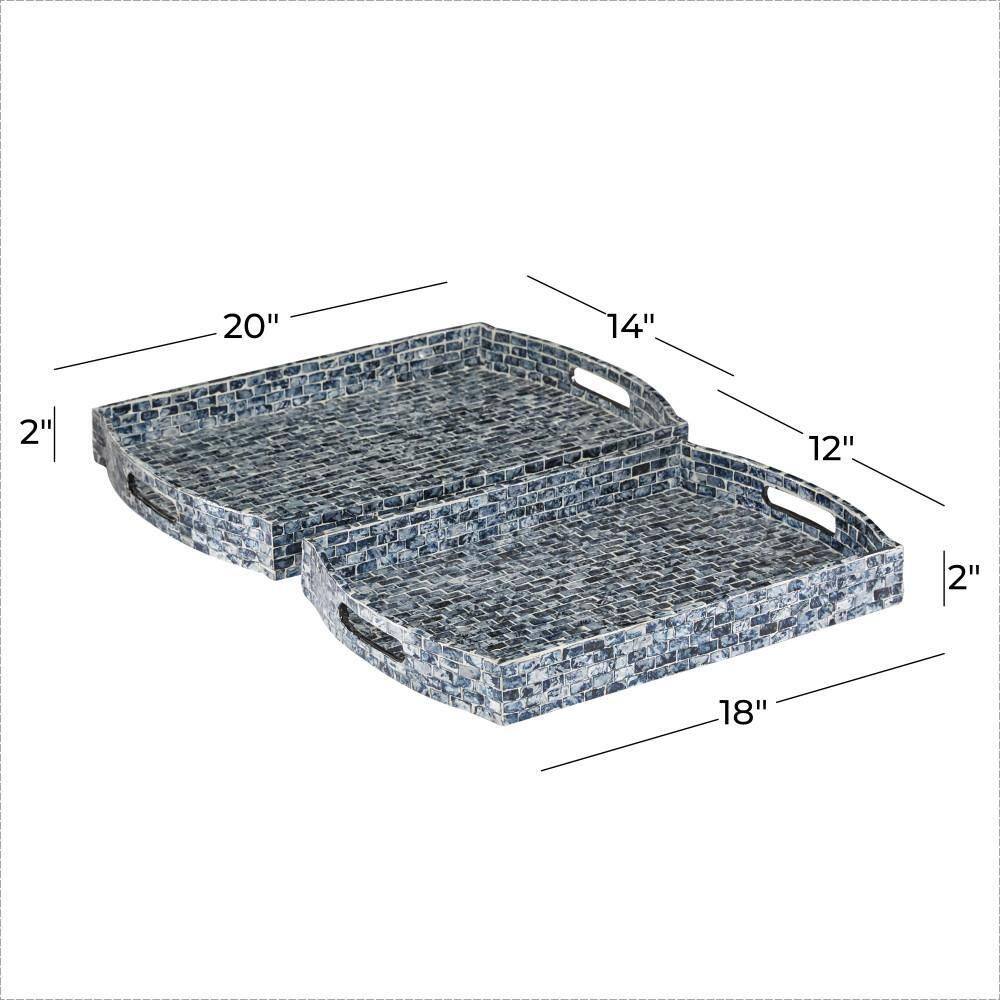 Blue Mosaic Wood Rectangular Decorative Tray Set, 2-Piece