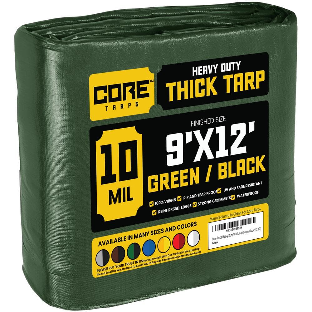 CORE TARPS 9 ft. x 12 ft. Green/Black 10 Mil Heavy Duty Polyethylene Tarp, Waterproof, UV Resistant, Rip and Tear Proof CT-603-9x12