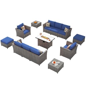 Bexley Gray 13-Piece Wicker Rectangle Fire Pit Patio Conversation Seating Set with Navy Blue Cushions