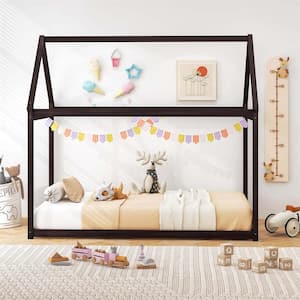 Brown Twin House Bed Wood Frame with Roof for Kids Toddler No Box Spring