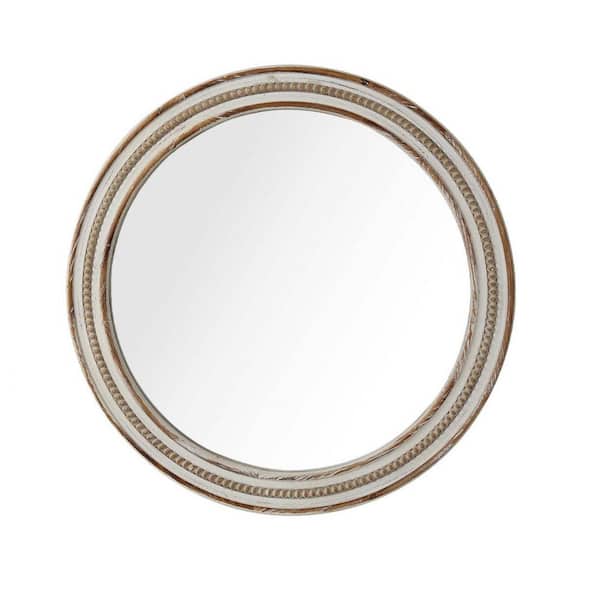 Tatahance Antique White 24 in. W x 24 in. H Round Wood Framed Decor Wall Mirror with Beads Frame Design