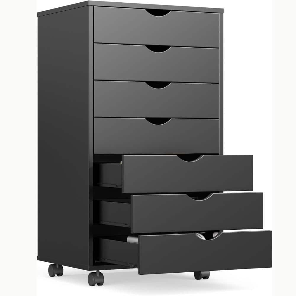 7-Drawer Filing Cabinet Under Desk, Wood Storage file Cabinet with Wheels, Black