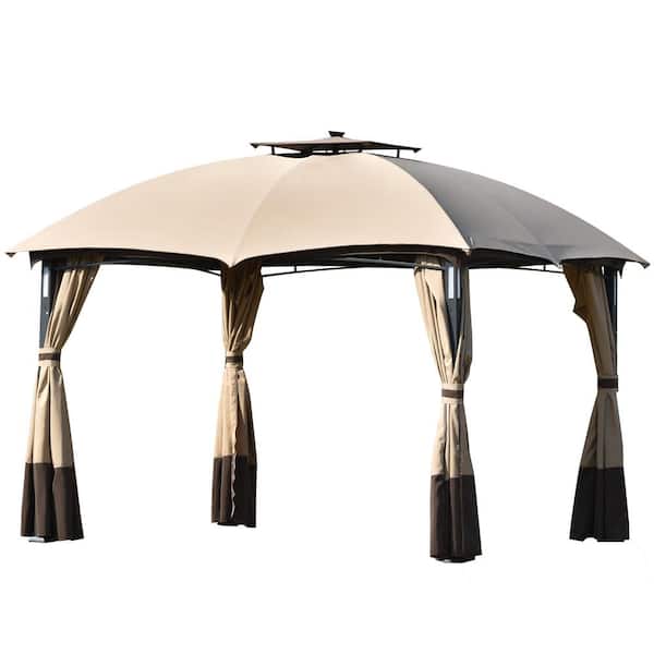 Zeus & Ruta 10 ft. x 12 ft. Brown Outdoor Double Vents Gazebo Patio Metal Canopy with Screen and LED Lights for Backyard, Poolside