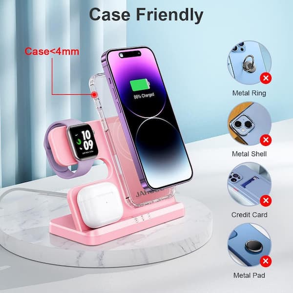 Etokfoks 3 in 1 Pink Wireless Charging Station Wireless Charger for iPhone/Android, Smart Watch and AirPods