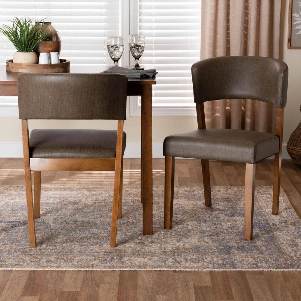 Gray Faux Leather and Walnut Wood Mid-Century Dining Chairs