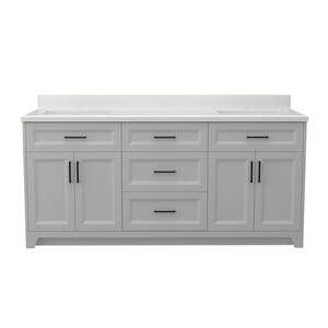 72 in. W x 22 in. D x 35 in. H Double Sink Freestanding Bath Vanity in Gray Carrara White Marble Top and White Basin