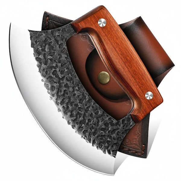Full Tang High Carbon Steel, Japanese-Inspired, Mezzaluna Rocker Knife and Pizza Cutter for Kitchen, Camping and BBQ