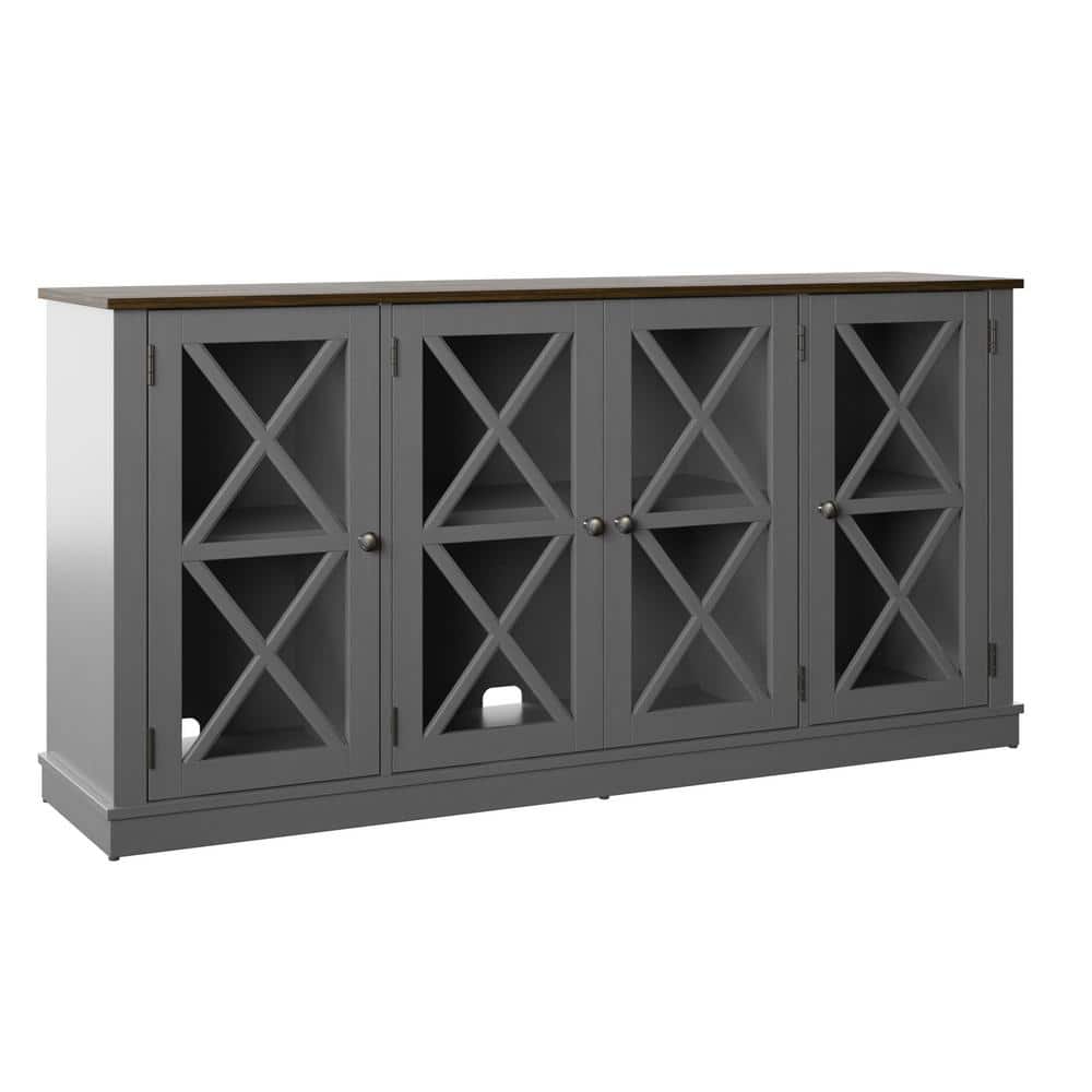 Twin Star Home Antique Gray 64 in. Sideboard with Tempered Glass Doors