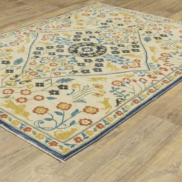 Fleetwood Ivory/Multi-Colored 8 ft. x 11 ft. Floral Medallion Polypropylene Fringe Edge Indoor Area Rug