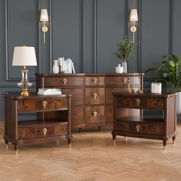 Furniture of America Whitney 3-Piece Dark Cherry 2-Drawer Set of 2  Nightstands and Dresser with USB Ports and LED Light IDF74001CH-2NSD
