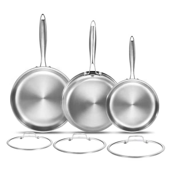 12-Piece Silver Stainless Steel Tri-Ply Induction Cooktop Compatible Frying Pan and Pot Set with Lids