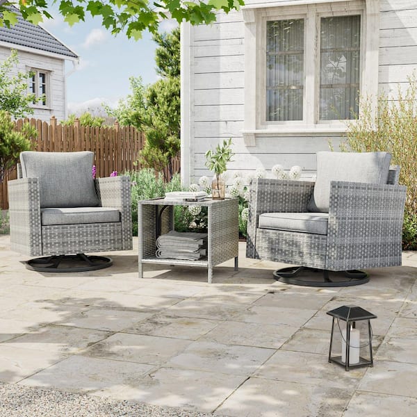 3-Piece Gray Wicker Patio Bistro Set Swivel Rocking Chairs for Outdoor Occasions of Lawn, Linen Grey