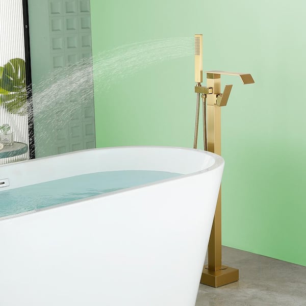 Ami Single-Handle Freestanding Tub Faucet with Hand Shower in Brushed Gold