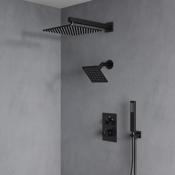 EVERSTEIN 6 in. and 7-Spray 12 in. Thermostatic Wall Bar Shower Systems with Handheld 2.5 GPM in Matte Black (Valve Included)