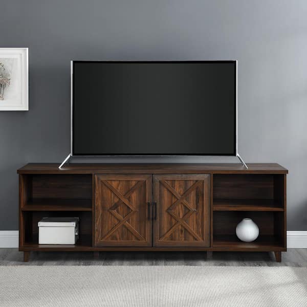 Welwick Designs 70 in. Dark Walnut Wood Transitional 2-Door Helix TV Stand Fits TVs up to 80 in.