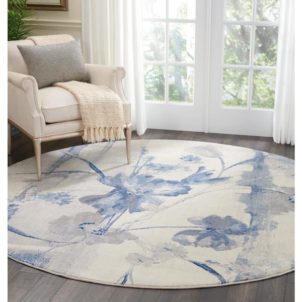 Somerset Ivory/Blue 8 ft. x 8 ft. Floral Contemporary Round Area Rug