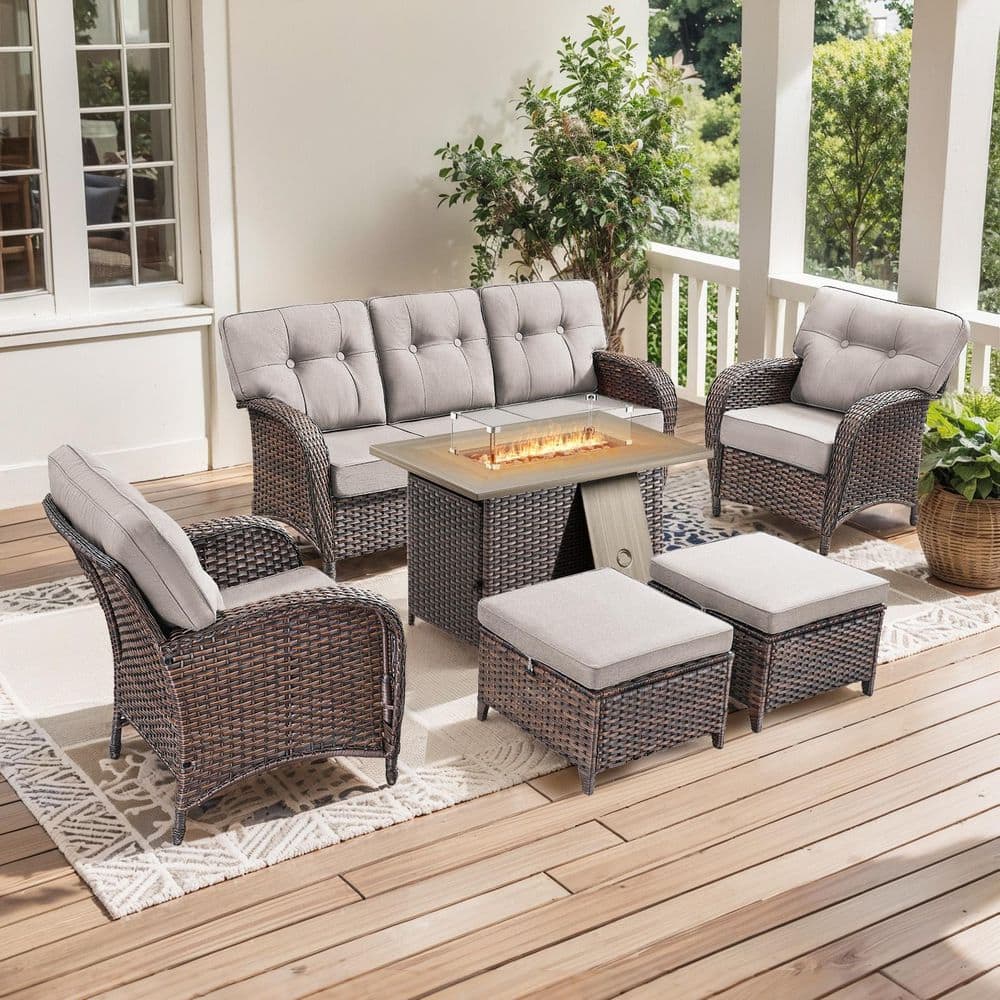 T-Frame 6-Piece Brown Wicker Fire Pit Conversation Set with 5 in. Beige Cushions Patio Lounge Chair for Balcony price history on PriceWatchPro