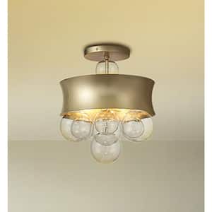 Verdi Square 60-Watt 3-Light Soft Gold Drum Pendant Light to Semi Flush with Clear Glass Orbs and No Bulbs Included